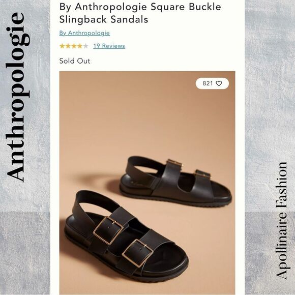 Anthropologie Black Square Buckle Slingback Sandals Size 39 New